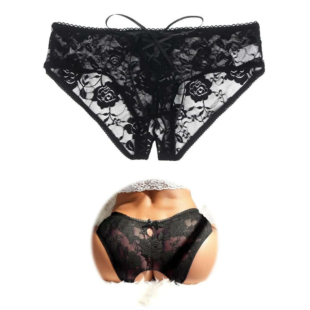ohmydear Women's Black Lace Crotchless Boyshorts Panties Crisscross M-L - NWT
